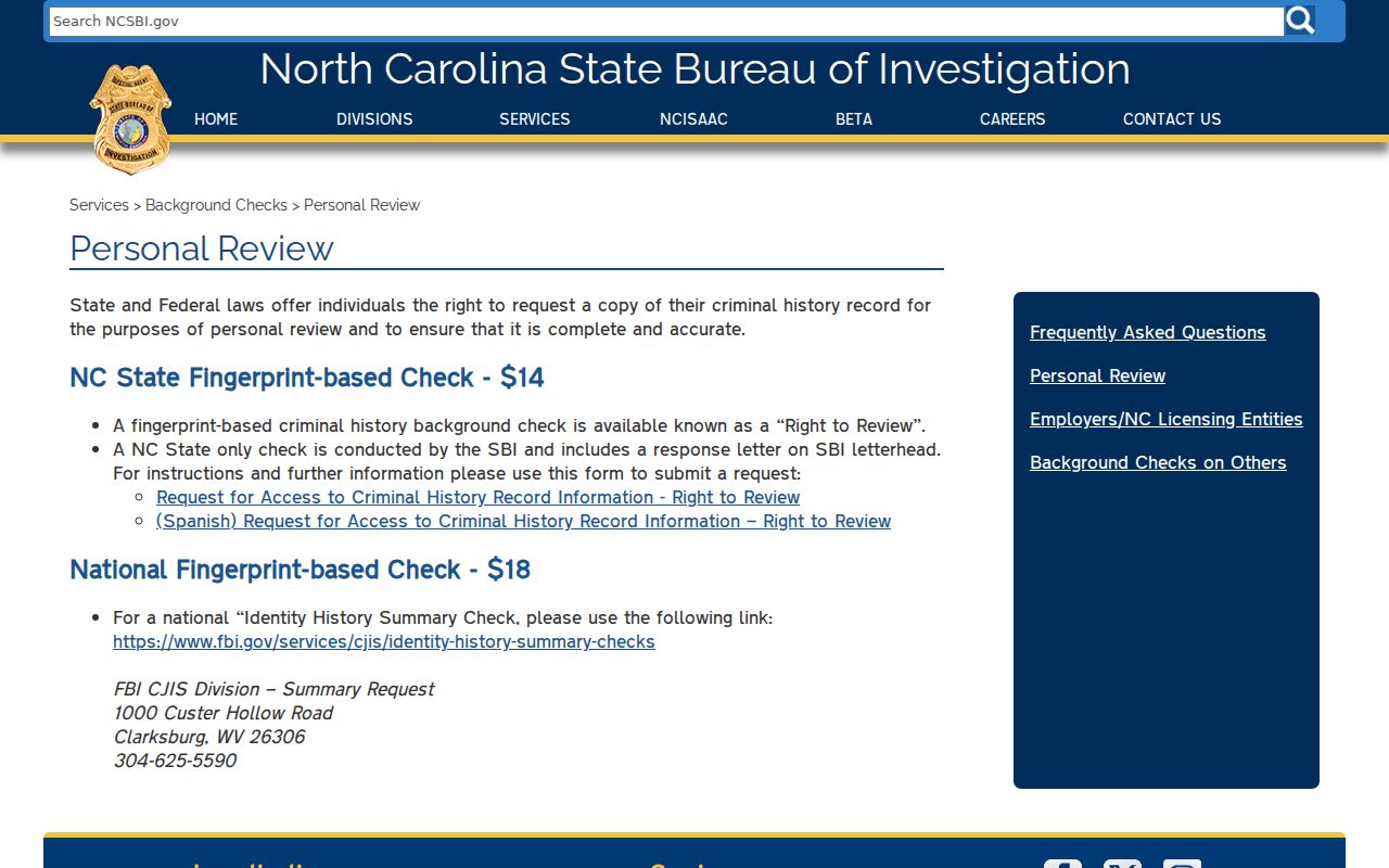 Wake County criminal history SBI Right to Review instructions