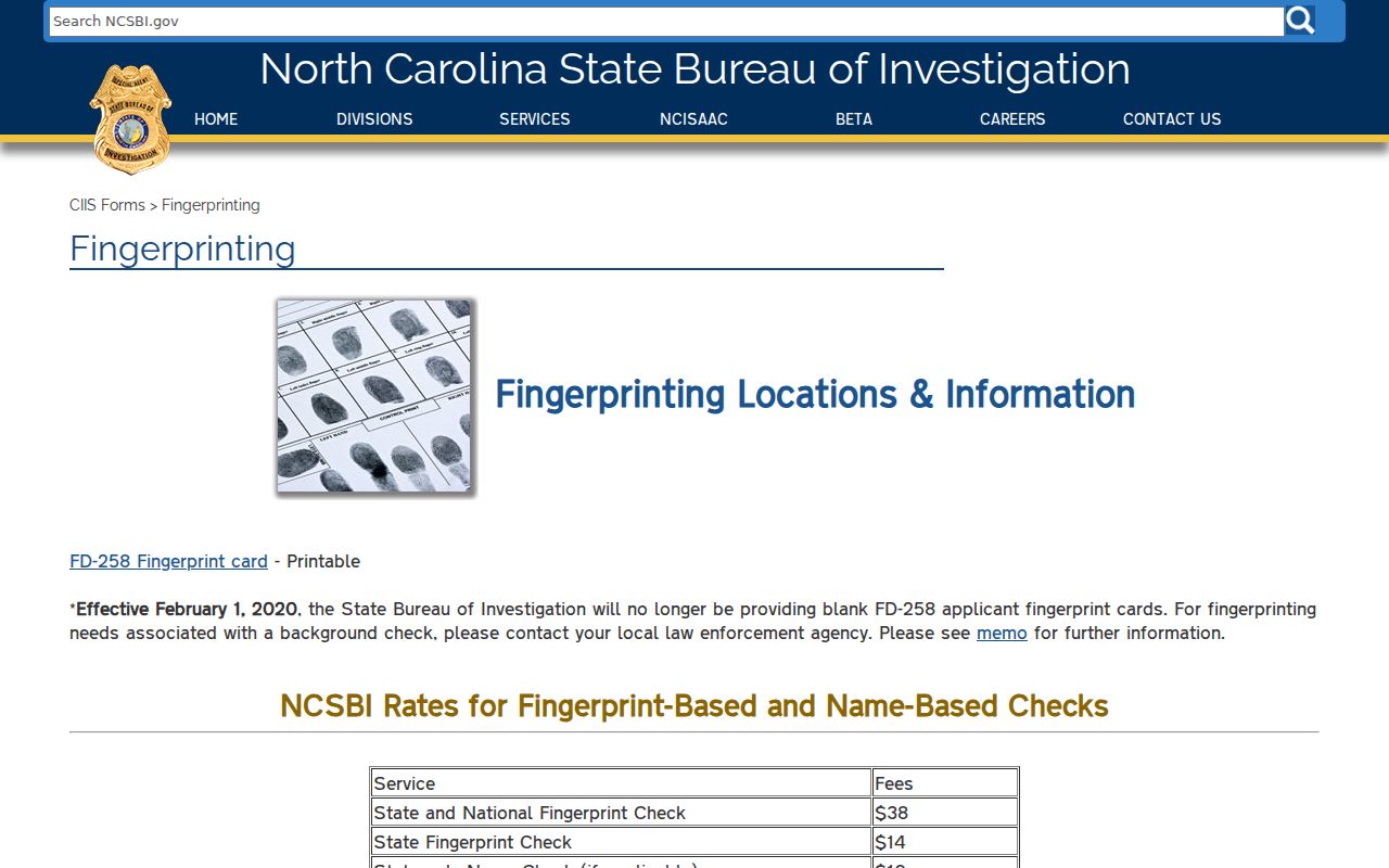 Wake County criminal record fingerprint instructions and SBI rates