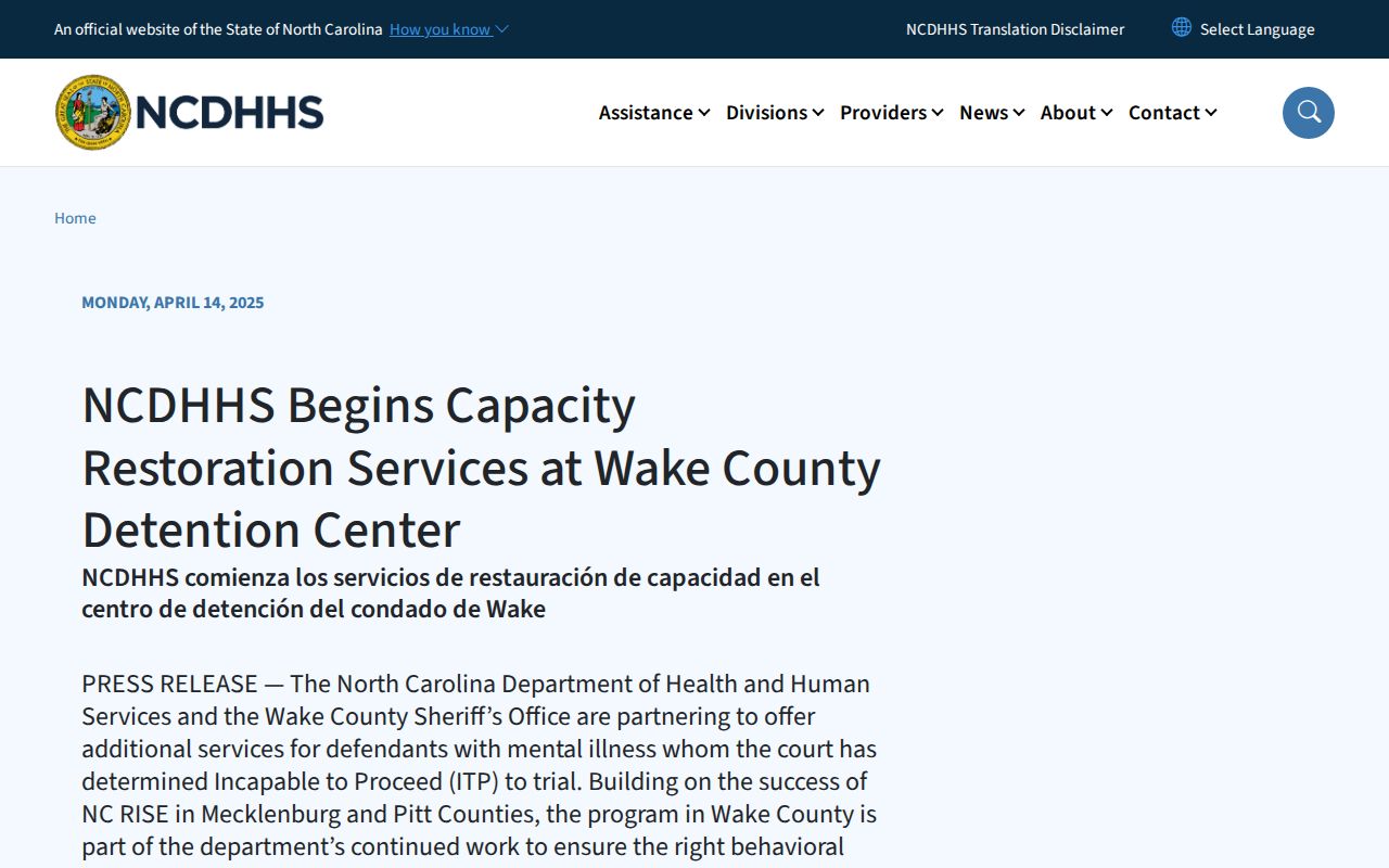 Wake County criminal case NC RISE detention program