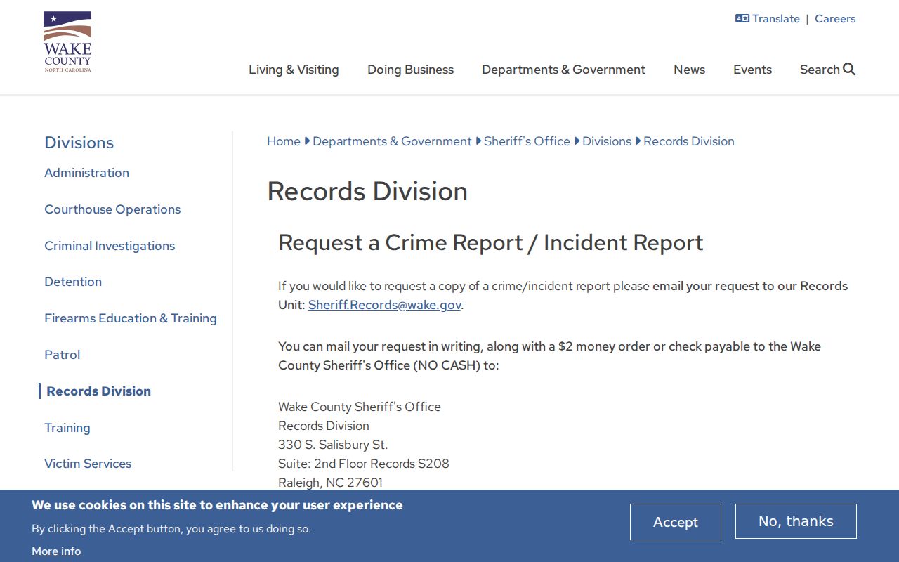 Wake County arrest lookup Sheriff Records Division request channels
